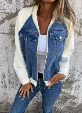 Women Patchwork Denim Coat Autumn 2025 Stand Collar with Pockets Washed Outerwear Streetwear Retro - American ThistleWomen Patchwork Denim Coat Autumn 2025 Stand Collar with Pockets Washed Outerwear Streetwear Retro