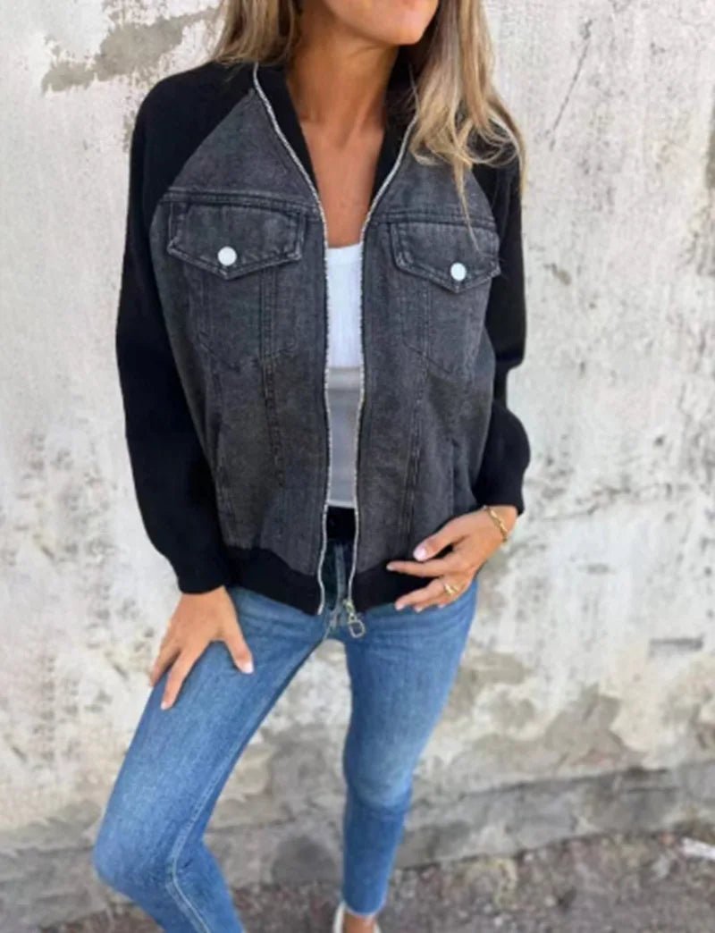 Women Patchwork Denim Coat Autumn 2025 Stand Collar with Pockets Washed Outerwear Streetwear Retro - American ThistleWomen Patchwork Denim Coat Autumn 2025 Stand Collar with Pockets Washed Outerwear Streetwear Retro