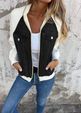 Women Patchwork Denim Coat Autumn 2025 Stand Collar with Pockets Washed Outerwear Streetwear Retro - American ThistleWomen Patchwork Denim Coat Autumn 2025 Stand Collar with Pockets Washed Outerwear Streetwear Retro