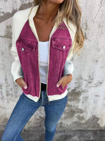 Women Patchwork Denim Coat Autumn 2025 Stand Collar with Pockets Washed Outerwear Streetwear Retro - American ThistleWomen Patchwork Denim Coat Autumn 2025 Stand Collar with Pockets Washed Outerwear Streetwear Retro