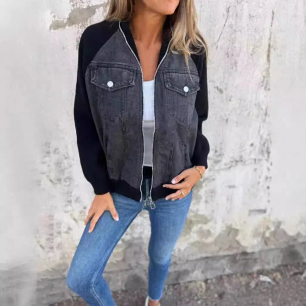 Women Patchwork Denim Coat Autumn 2025 Stand Collar with Pockets Washed Outerwear Streetwear Retro - American ThistleWomen Patchwork Denim Coat Autumn 2025 Stand Collar with Pockets Washed Outerwear Streetwear Retro