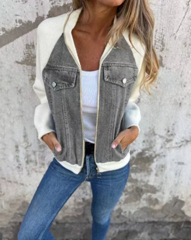Women Patchwork Denim Coat Autumn 2025 Stand Collar with Pockets Washed Outerwear Streetwear Retro - American ThistleWomen Patchwork Denim Coat Autumn 2025 Stand Collar with Pockets Washed Outerwear Streetwear Retro