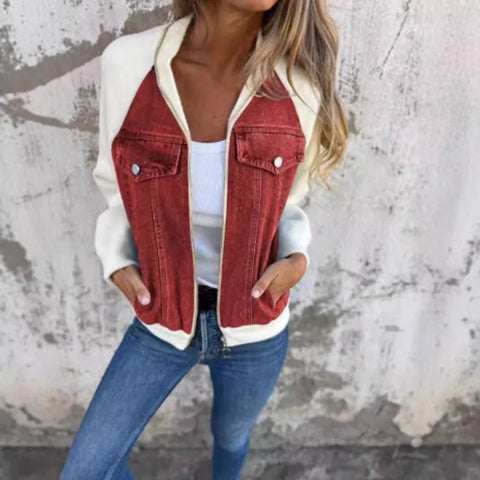 Women Patchwork Denim Coat Autumn 2025 Stand Collar with Pockets Washed Outerwear Streetwear Retro - American ThistleWomen Patchwork Denim Coat Autumn 2025 Stand Collar with Pockets Washed Outerwear Streetwear Retro