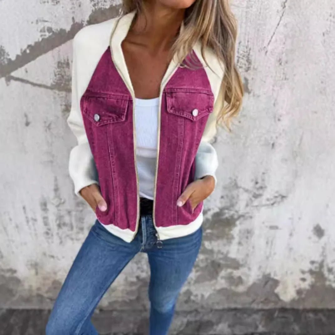Women Patchwork Denim Coat Autumn 2025 Stand Collar with Pockets Washed Outerwear Streetwear Retro - American ThistleWomen Patchwork Denim Coat Autumn 2025 Stand Collar with Pockets Washed Outerwear Streetwear Retro