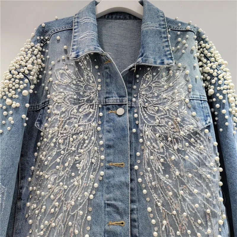 Women Pearls Beaded Lace Spliced Embroidery Denim Jacket Flowers Embroidered Sequined Jeans Coat - American Thistle Women Pearls Beaded Lace Spliced Embroidery Denim Jacket Flowers Embroidered Sequined Jeans Coat