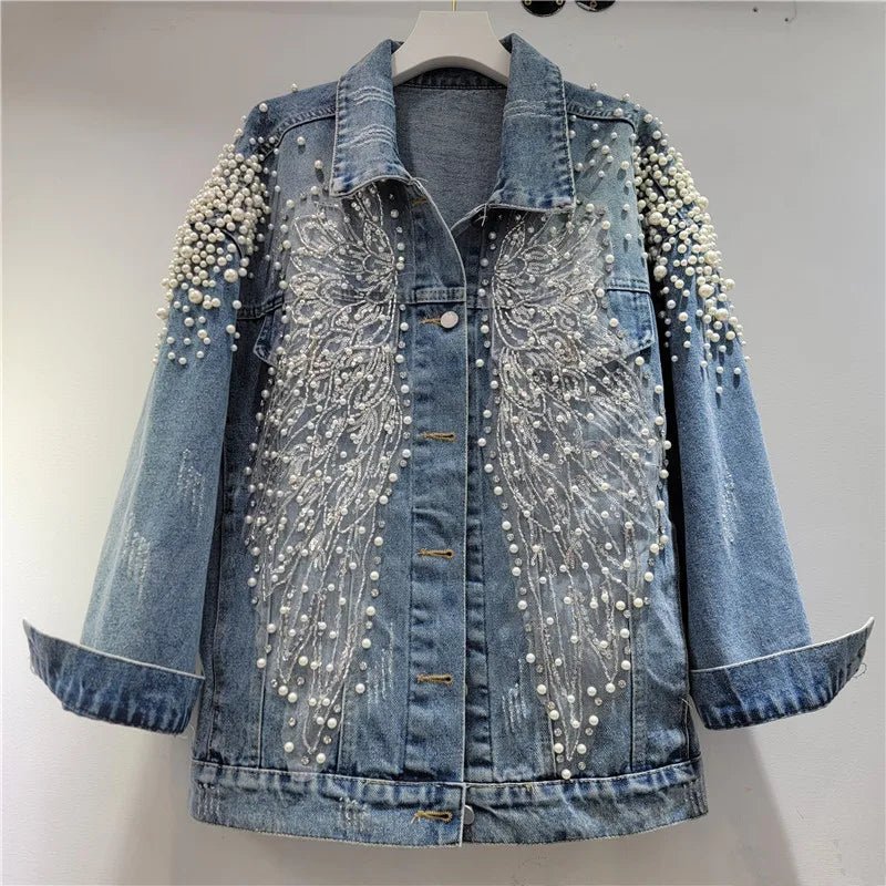 Women Pearls Beaded Lace Spliced Embroidery Denim Jacket Flowers Embroidered Sequined Jeans Coat - American Thistle Women Pearls Beaded Lace Spliced Embroidery Denim Jacket Flowers Embroidered Sequined Jeans Coat
