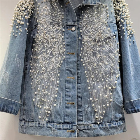 Women Pearls Beaded Lace Spliced Embroidery Denim Jacket Flowers Embroidered Sequined Jeans Coat - American Thistle Women Pearls Beaded Lace Spliced Embroidery Denim Jacket Flowers Embroidered Sequined Jeans Coat