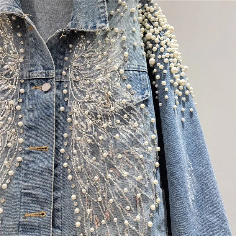 Women Pearls Beaded Lace Spliced Embroidery Denim Jacket Flowers Embroidered Sequined Jeans Coat - American Thistle Women Pearls Beaded Lace Spliced Embroidery Denim Jacket Flowers Embroidered Sequined Jeans Coat