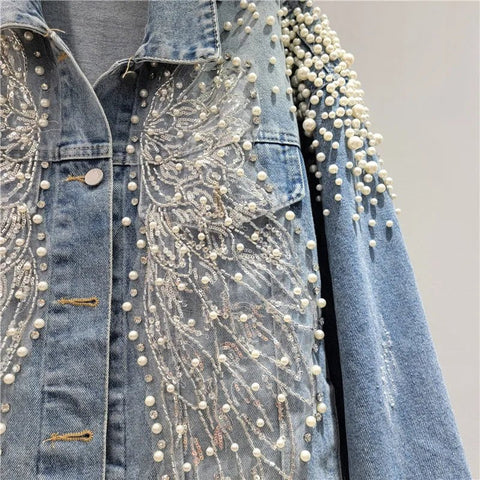 Women Pearls Beaded Lace Spliced Embroidery Denim Jacket Flowers Embroidered Sequined Jeans Coat - American Thistle Women Pearls Beaded Lace Spliced Embroidery Denim Jacket Flowers Embroidered Sequined Jeans Coat