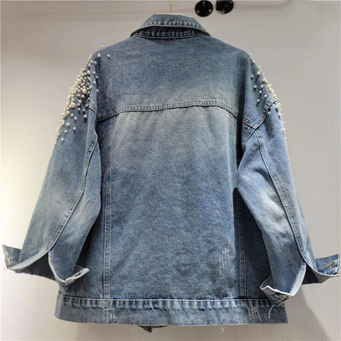 Women Pearls Beaded Lace Spliced Embroidery Denim Jacket Flowers Embroidered Sequined Jeans Coat - American Thistle Women Pearls Beaded Lace Spliced Embroidery Denim Jacket Flowers Embroidered Sequined Jeans Coat