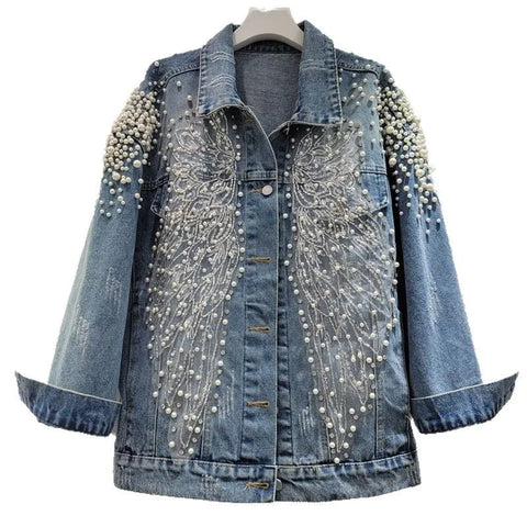 Women Pearls Beaded Lace Spliced Embroidery Denim Jacket Flowers Embroidered Sequined Jeans Coat - American Thistle Women Pearls Beaded Lace Spliced Embroidery Denim Jacket Flowers Embroidered Sequined Jeans Coat