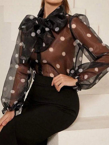 Women Polka Dot Print Elegant Chic Blouse Lace - up Bow Long Sleeve - American Thistle Women Polka Dot Print Elegant Chic Blouse Lace - up Bow Long Sleeve