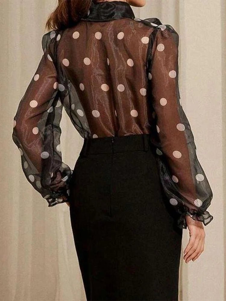 Women Polka Dot Print Elegant Chic Blouse Lace - up Bow Long Sleeve - American Thistle Women Polka Dot Print Elegant Chic Blouse Lace - up Bow Long Sleeve