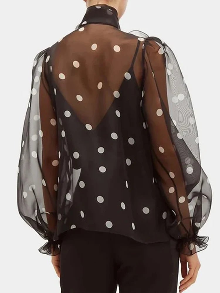 Women Polka Dot Print Elegant Chic Blouse Lace - up Bow Long Sleeve - American Thistle Women Polka Dot Print Elegant Chic Blouse Lace - up Bow Long Sleeve