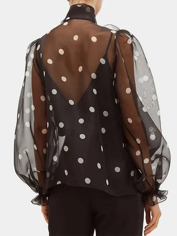 Women Polka Dot Print Elegant Chic Blouse Lace - up Bow Long Sleeve - American Thistle Women Polka Dot Print Elegant Chic Blouse Lace - up Bow Long Sleeve