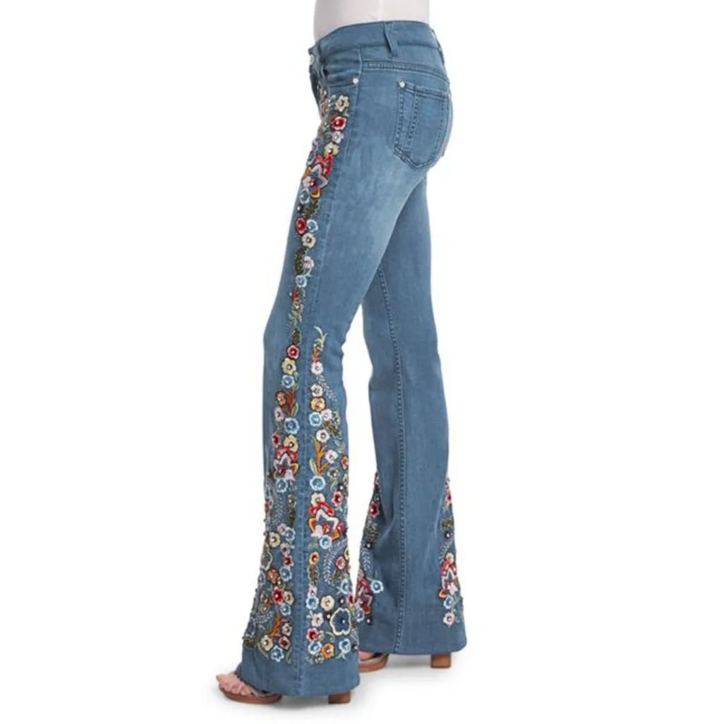 Women Retro Floral Embroidered Denim Flare Pants - American Thistle Women Retro Floral Embroidered Denim Flare Pants