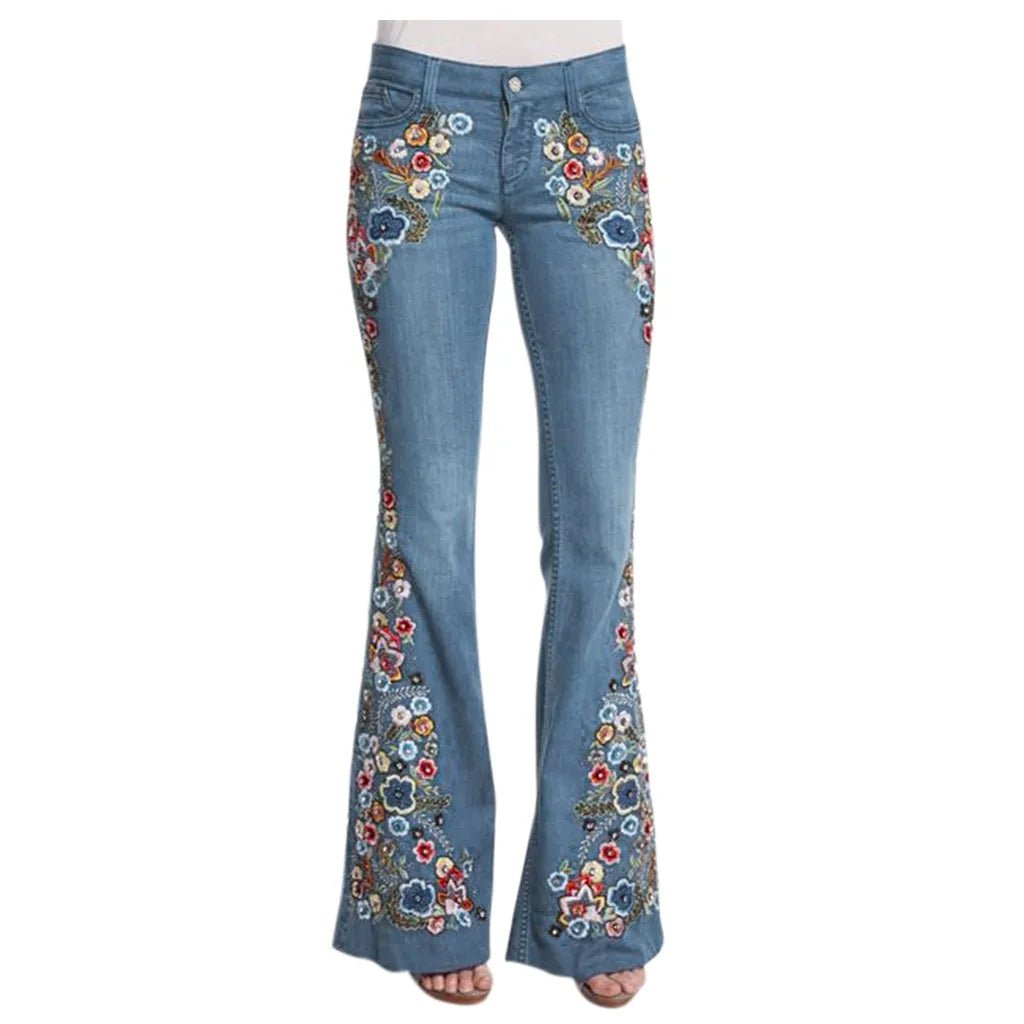 Women Retro Floral Embroidered Denim Flare Pants - American Thistle Women Retro Floral Embroidered Denim Flare Pants