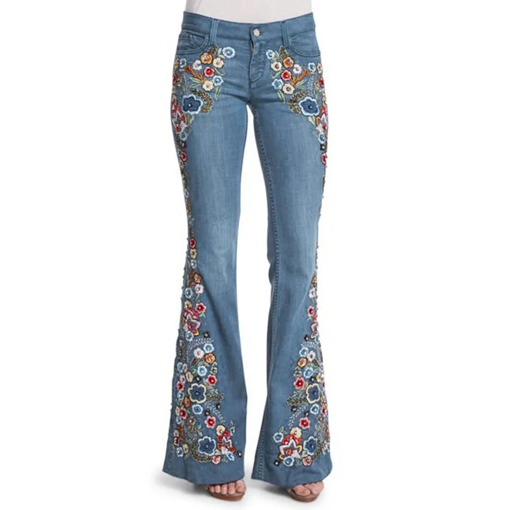 Women Retro Floral Embroidered Denim Flare Pants - American Thistle Women Retro Floral Embroidered Denim Flare Pants