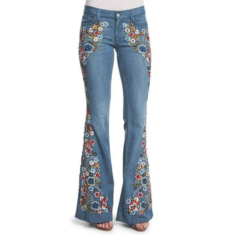 Women Retro Floral Embroidered Denim Flare Pants - American Thistle Women Retro Floral Embroidered Denim Flare Pants