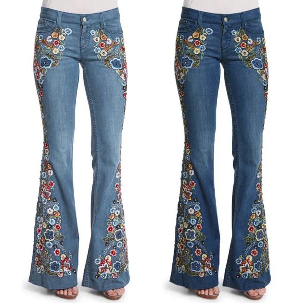 Women Retro Floral Embroidered Denim Flare Pants - American Thistle Women Retro Floral Embroidered Denim Flare Pants