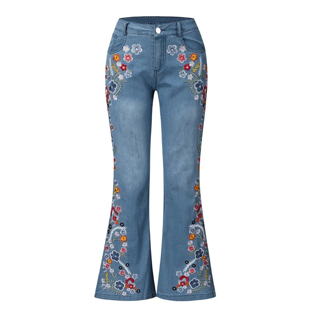 Women Retro Floral Embroidered Denim Flare Pants - American Thistle Women Retro Floral Embroidered Denim Flare Pants