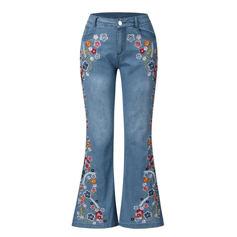 Women Retro Floral Embroidered Denim Flare Pants - American Thistle Women Retro Floral Embroidered Denim Flare Pants