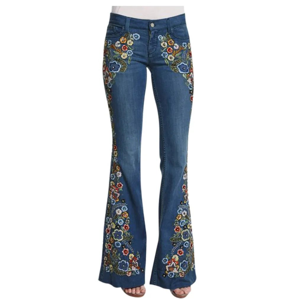 Women Retro Floral Embroidered Denim Flare Pants - American Thistle Women Retro Floral Embroidered Denim Flare Pants