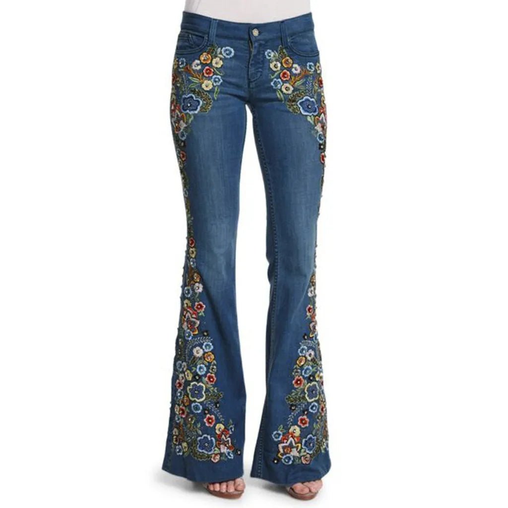Women Retro Floral Embroidered Denim Flare Pants - American Thistle Women Retro Floral Embroidered Denim Flare Pants