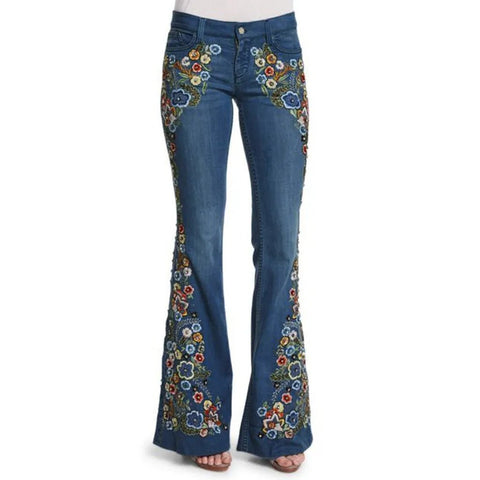Women Retro Floral Embroidered Denim Flare Pants - American Thistle Women Retro Floral Embroidered Denim Flare Pants