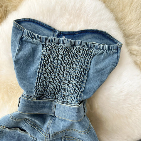 Women Sleeveless Tube Top Denim Maxi Dresses Summer American Hip Slit Denim Dress - American Thistle Women Sleeveless Tube Top Denim Maxi Dresses Summer American Hip Slit Denim Dress