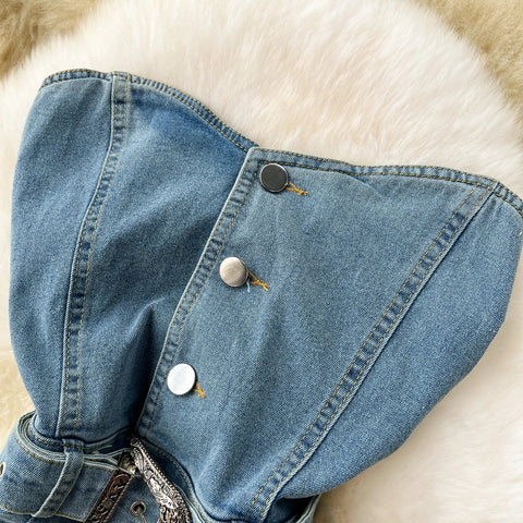 Women Sleeveless Tube Top Denim Maxi Dresses Summer American Hip Slit Denim Dress - American Thistle Women Sleeveless Tube Top Denim Maxi Dresses Summer American Hip Slit Denim Dress