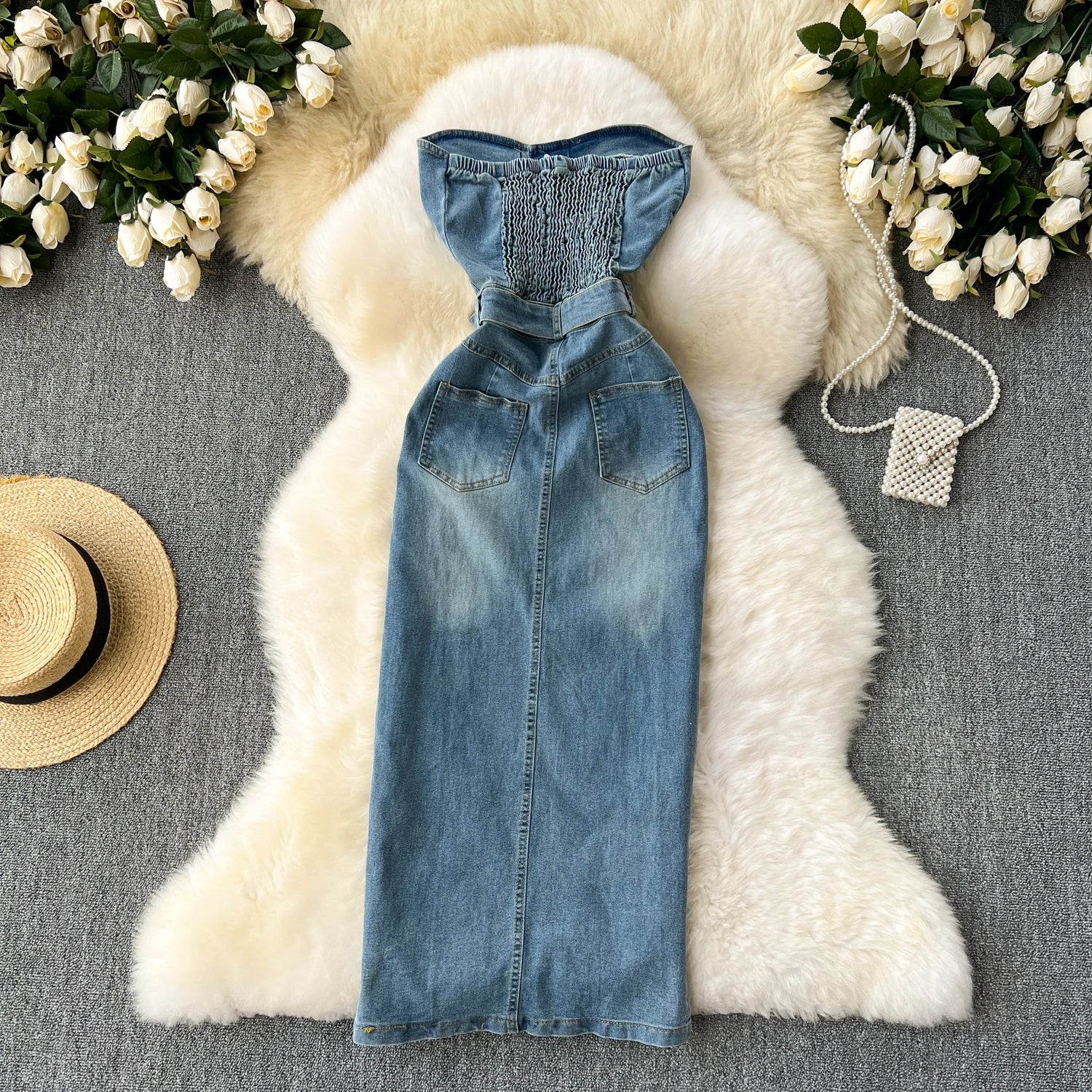 Women Sleeveless Tube Top Denim Maxi Dresses Summer American Hip Slit Denim Dress - American Thistle Women Sleeveless Tube Top Denim Maxi Dresses Summer American Hip Slit Denim Dress