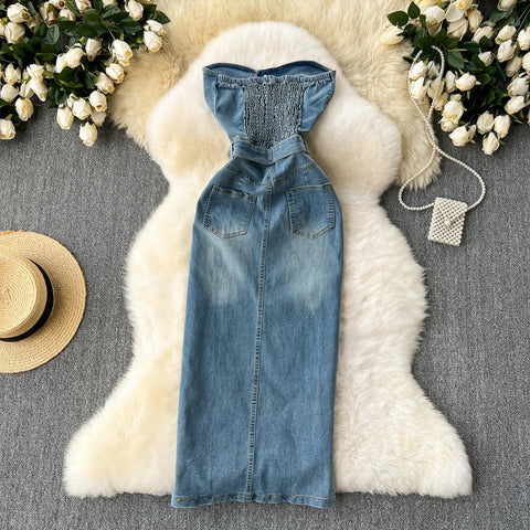 Women Sleeveless Tube Top Denim Maxi Dresses Summer American Hip Slit Denim Dress - American Thistle Women Sleeveless Tube Top Denim Maxi Dresses Summer American Hip Slit Denim Dress