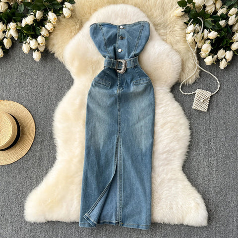 Women Sleeveless Tube Top Denim Maxi Dresses Summer American Hip Slit Denim Dress - American Thistle Women Sleeveless Tube Top Denim Maxi Dresses Summer American Hip Slit Denim Dress