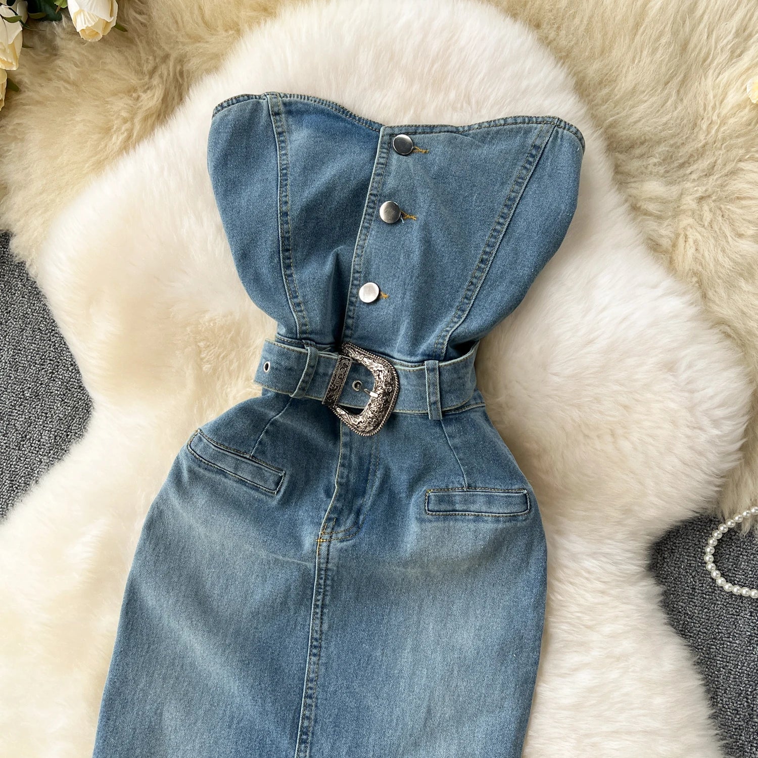 Women Sleeveless Tube Top Denim Maxi Dresses Summer American Hip Slit Denim Dress - American Thistle Women Sleeveless Tube Top Denim Maxi Dresses Summer American Hip Slit Denim Dress