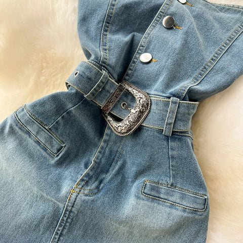 Women Sleeveless Tube Top Denim Maxi Dresses Summer American Hip Slit Denim Dress - American Thistle Women Sleeveless Tube Top Denim Maxi Dresses Summer American Hip Slit Denim Dress