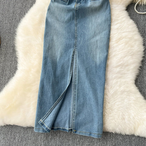 Women Sleeveless Tube Top Denim Maxi Dresses Summer American Hip Slit Denim Dress - American Thistle Women Sleeveless Tube Top Denim Maxi Dresses Summer American Hip Slit Denim Dress