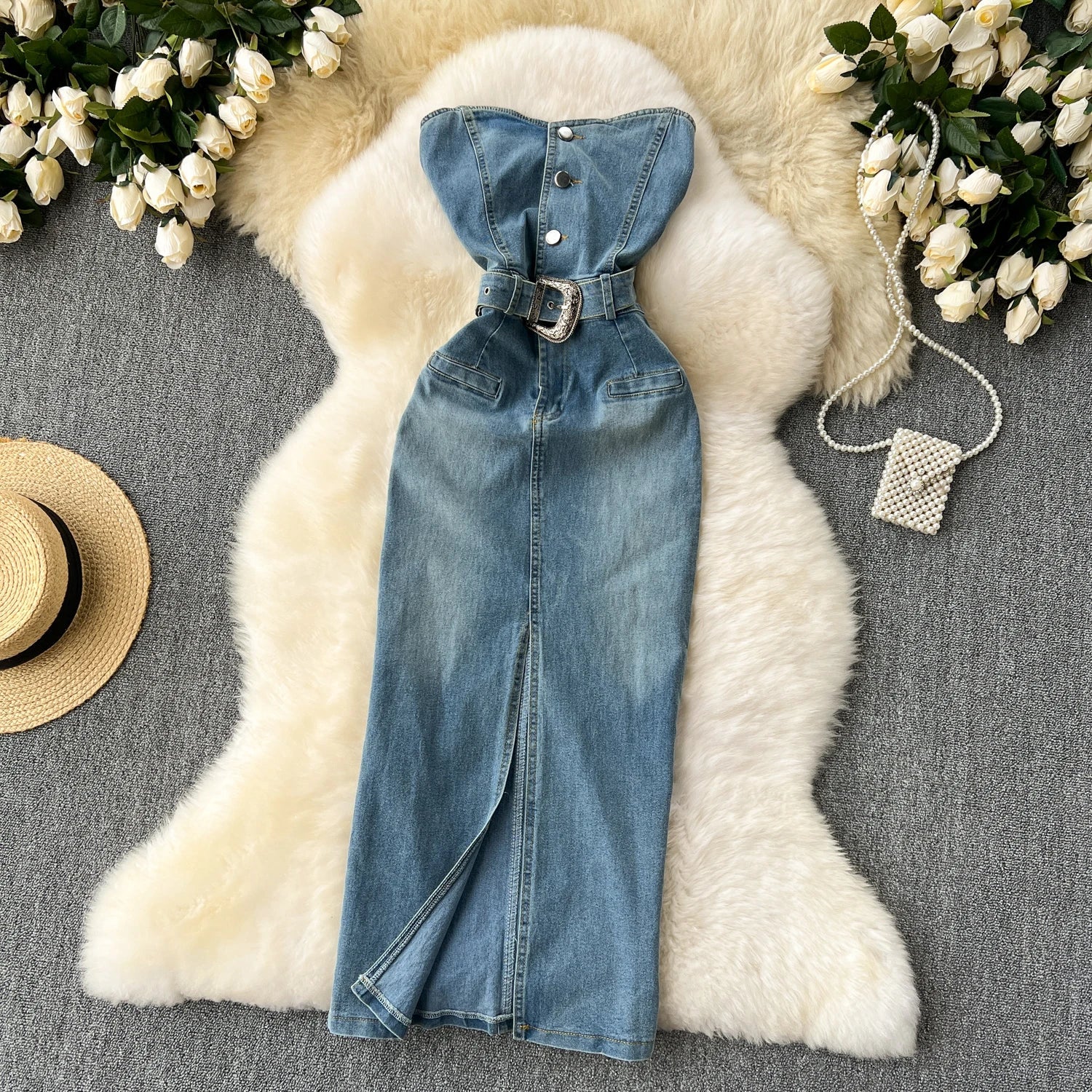 Women Sleeveless Tube Top Denim Maxi Dresses Summer American Hip Slit Denim Dress - American Thistle Women Sleeveless Tube Top Denim Maxi Dresses Summer American Hip Slit Denim Dress