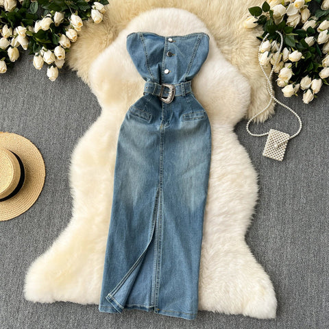 Women Sleeveless Tube Top Denim Maxi Dresses Summer American Hip Slit Denim Dress - American Thistle Women Sleeveless Tube Top Denim Maxi Dresses Summer American Hip Slit Denim Dress