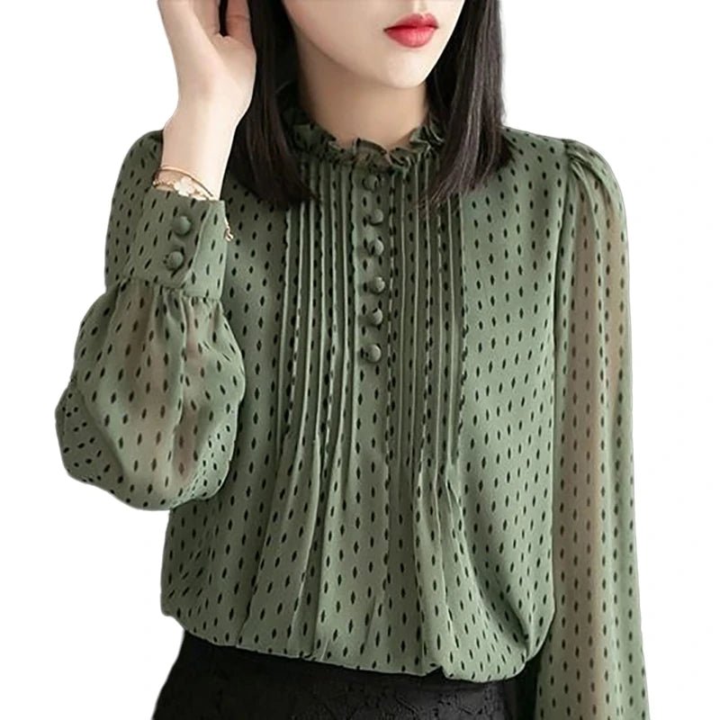 Women Spring Style Chiffon Blouses Shirts Lady Casual Long Sleeve O - Neck Polka Dot - American Thistle Women Spring Style Chiffon Blouses Shirts Lady Casual Long Sleeve O - Neck Polka Dot