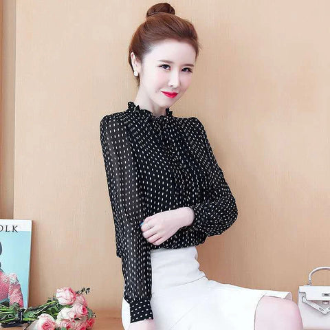 Women Spring Style Chiffon Blouses Shirts Lady Casual Long Sleeve O - Neck Polka Dot - American Thistle Women Spring Style Chiffon Blouses Shirts Lady Casual Long Sleeve O - Neck Polka Dot