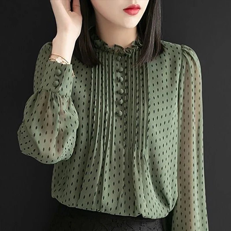 Women Spring Style Chiffon Blouses Shirts Lady Casual Long Sleeve O - Neck Polka Dot - American Thistle Women Spring Style Chiffon Blouses Shirts Lady Casual Long Sleeve O - Neck Polka Dot