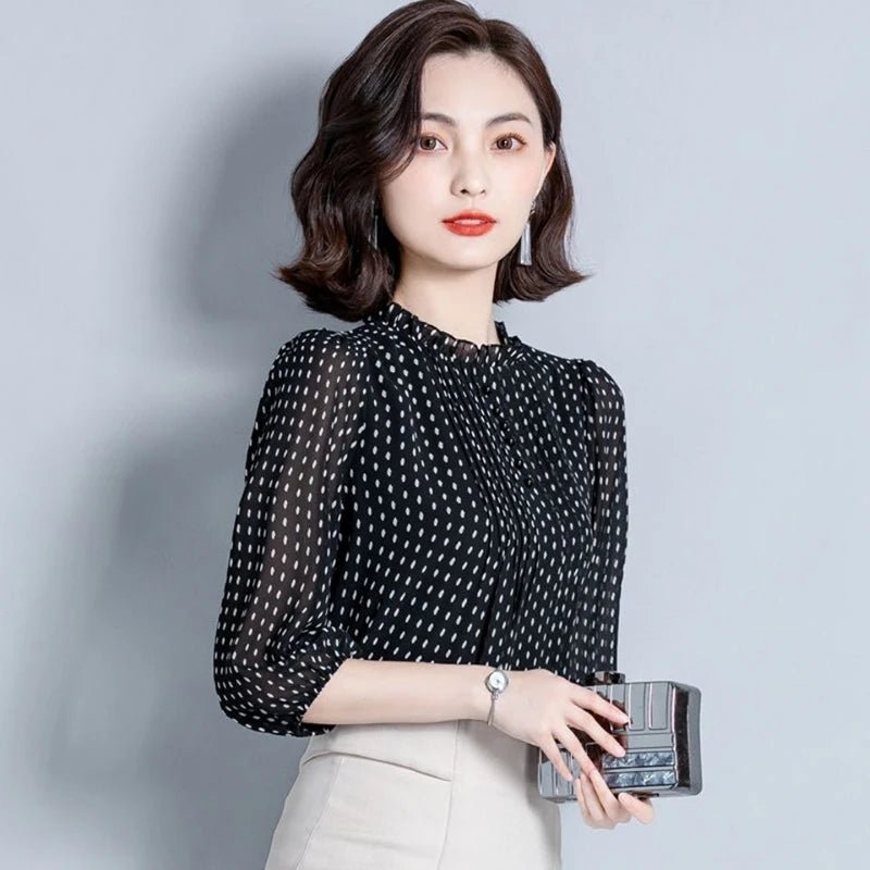 Women Spring Style Chiffon Blouses Shirts Lady Casual Long Sleeve O - Neck Polka Dot - American Thistle Women Spring Style Chiffon Blouses Shirts Lady Casual Long Sleeve O - Neck Polka Dot