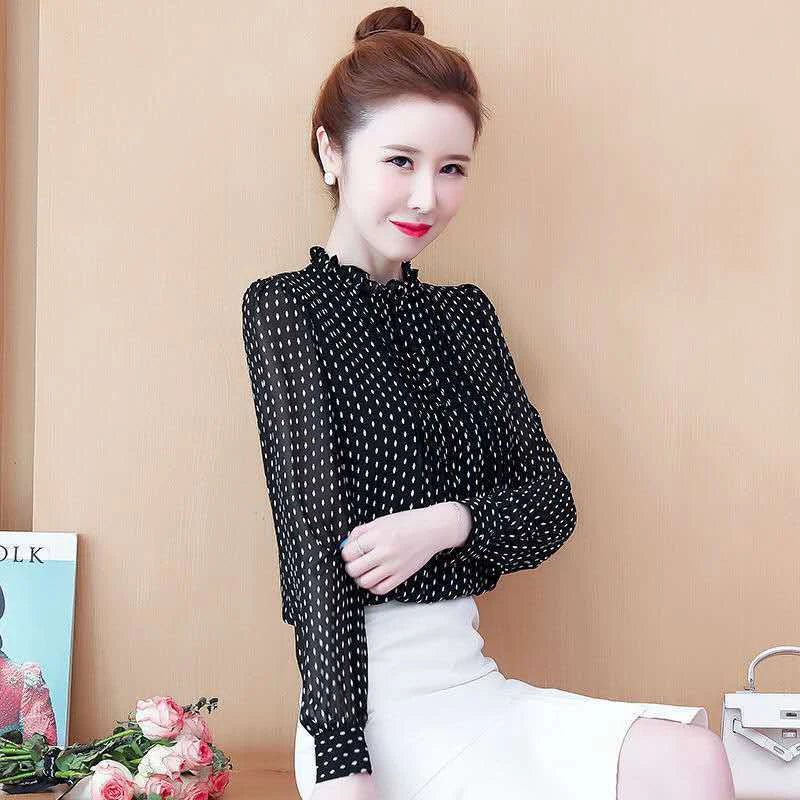 Women Spring Style Chiffon Blouses Shirts Lady Casual Long Sleeve O - Neck Polka Dot - American Thistle Women Spring Style Chiffon Blouses Shirts Lady Casual Long Sleeve O - Neck Polka Dot