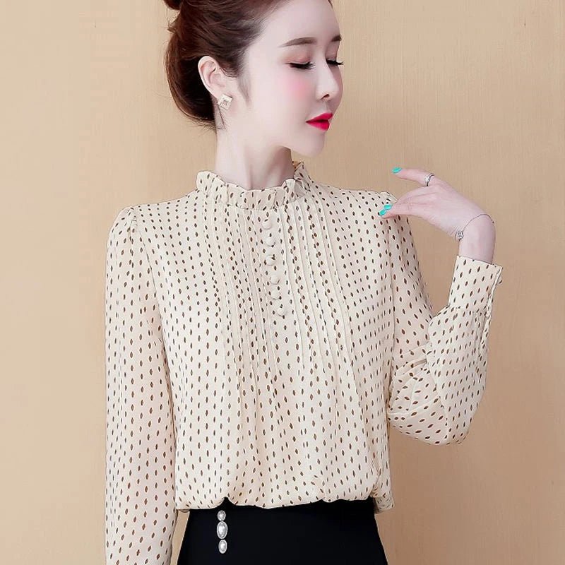 Women Spring Style Chiffon Blouses Shirts Lady Casual Long Sleeve O - Neck Polka Dot - American Thistle Women Spring Style Chiffon Blouses Shirts Lady Casual Long Sleeve O - Neck Polka Dot