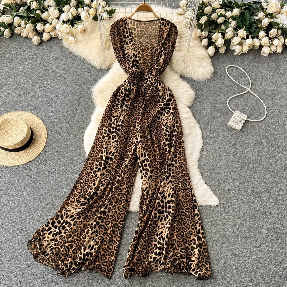 Women Square Neck Sleeveless Summer New Waisted Loose Wide Leg Pants Leopard Print Jumpsuit - American Thistle Women Square Neck Sleeveless Summer New Waisted Loose Wide Leg Pants Leopard Print Jumpsuit