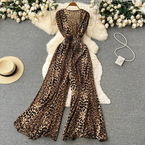 Women Square Neck Sleeveless Summer New Waisted Loose Wide Leg Pants Leopard Print Jumpsuit - American Thistle Women Square Neck Sleeveless Summer New Waisted Loose Wide Leg Pants Leopard Print Jumpsuit