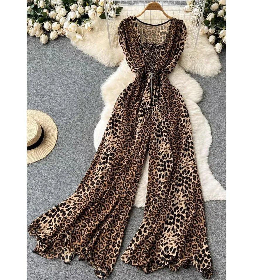 Women Square Neck Sleeveless Summer New Waisted Loose Wide Leg Pants Leopard Print Jumpsuit - American Thistle Women Square Neck Sleeveless Summer New Waisted Loose Wide Leg Pants Leopard Print Jumpsuit
