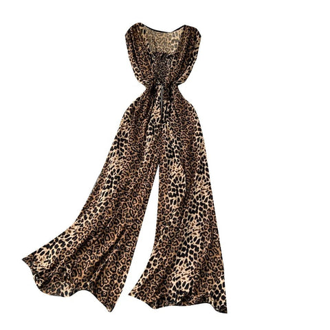 Women Square Neck Sleeveless Summer New Waisted Loose Wide Leg Pants Leopard Print Jumpsuit - American Thistle Women Square Neck Sleeveless Summer New Waisted Loose Wide Leg Pants Leopard Print Jumpsuit