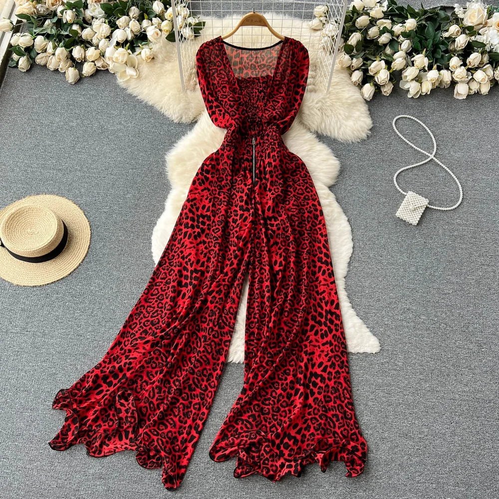 Women Square Neck Sleeveless Summer New Waisted Loose Wide Leg Pants Leopard Print Jumpsuit - American Thistle Women Square Neck Sleeveless Summer New Waisted Loose Wide Leg Pants Leopard Print Jumpsuit